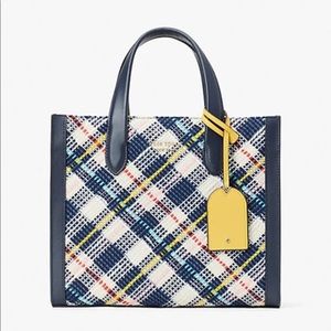 Kate Spade New York Tweed Tote Blue Plaid Yellow Tag